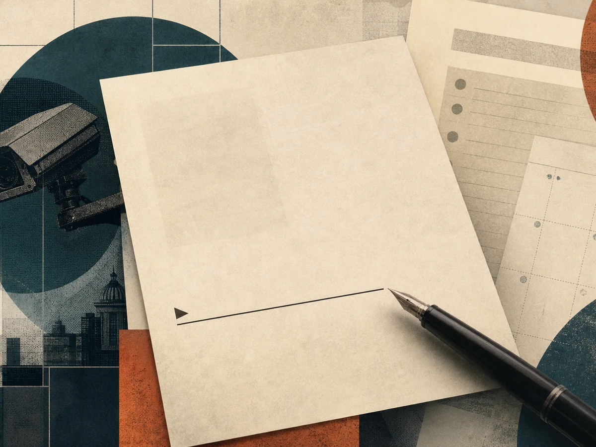 Editorial collage of an unsigned line, municipal papers, a calendar and a surveillance camera.