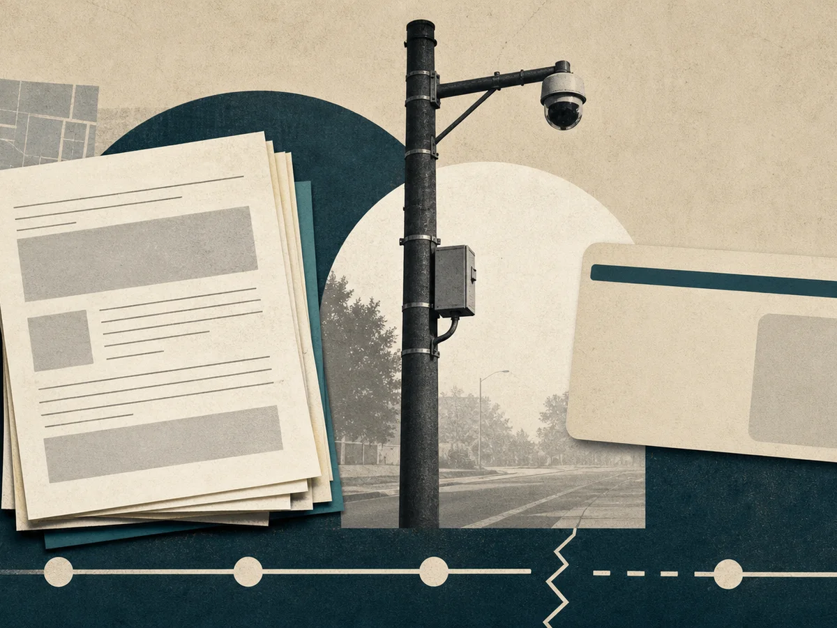 Editorial collage of permit papers, a roadside camera pole, a blank registration card and a broken timeline.