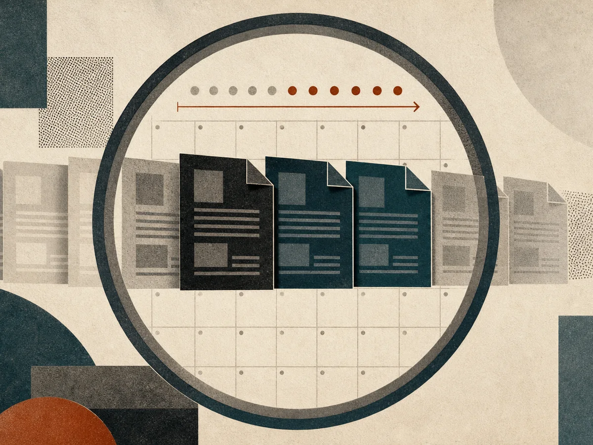 Editorial collage of audit sheets moving through a circular calendar window.