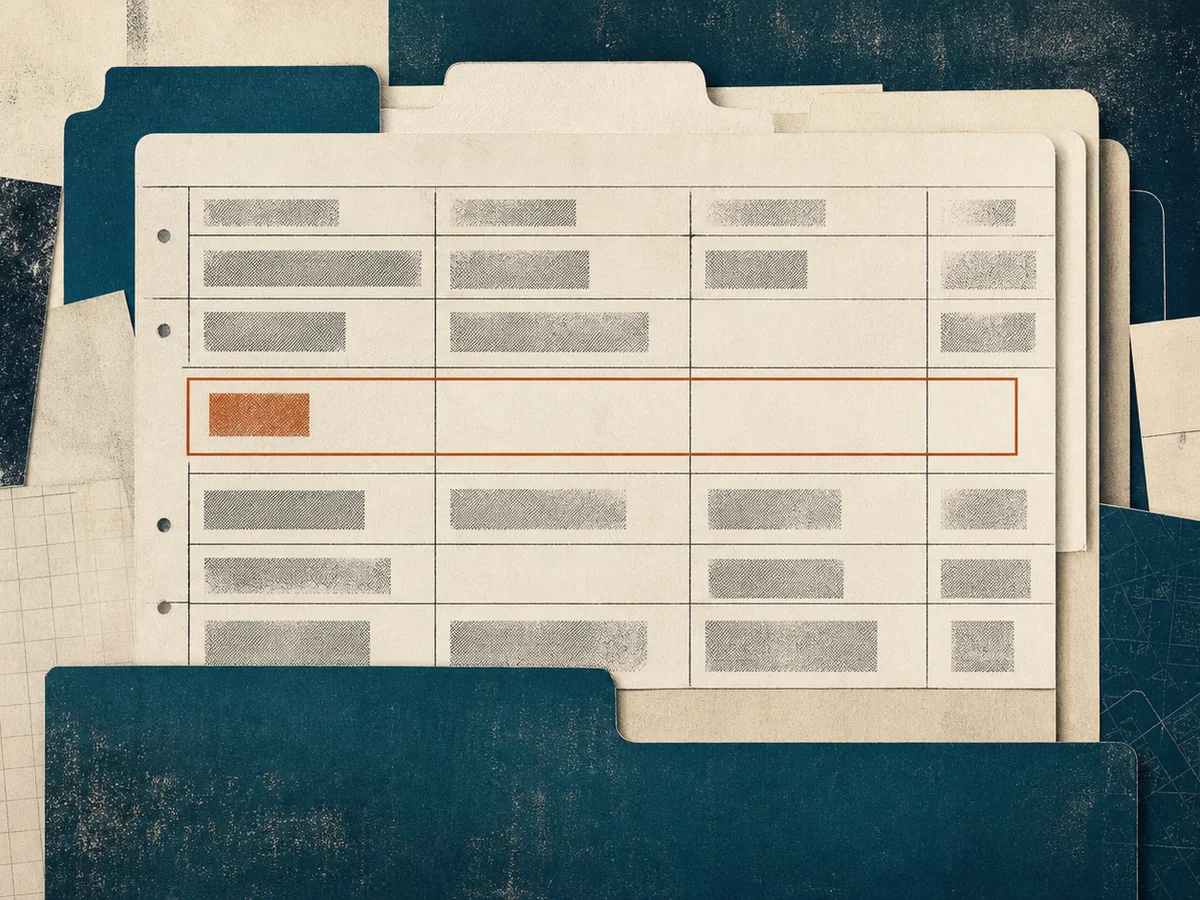 Editorial collage of one highlighted entry in an otherwise incomplete technology assessment file.